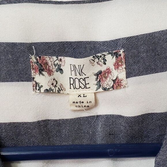 Pink Rose Womans Sz XL Blue Stripe Button Front Tie Hem Long Sleeve Top - Picture 4 of 6